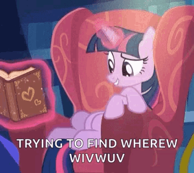 twilight sparkle from my little pony is sitting in a chair looking at a book .