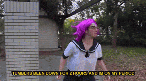 a man in a sailor outfit with a purple wig and the words tumblrs been down for 2 hours and im on my period below him