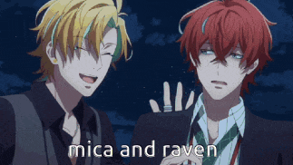 two anime characters are standing next to each other with the words mica and raven below them
