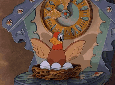a cartoon bird is sitting in a nest with eggs and a clock in the background