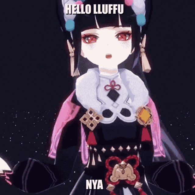 a video game character says hello luffu nya on the bottom