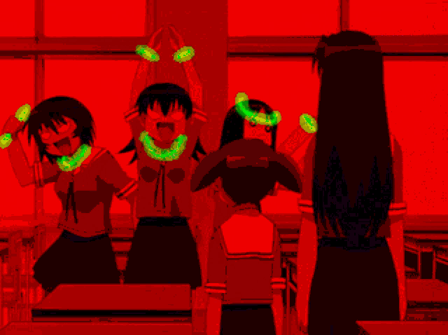 a group of girls are standing in a classroom with their arms up in the air