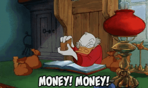 a cartoon character is holding coins and says money ! money !