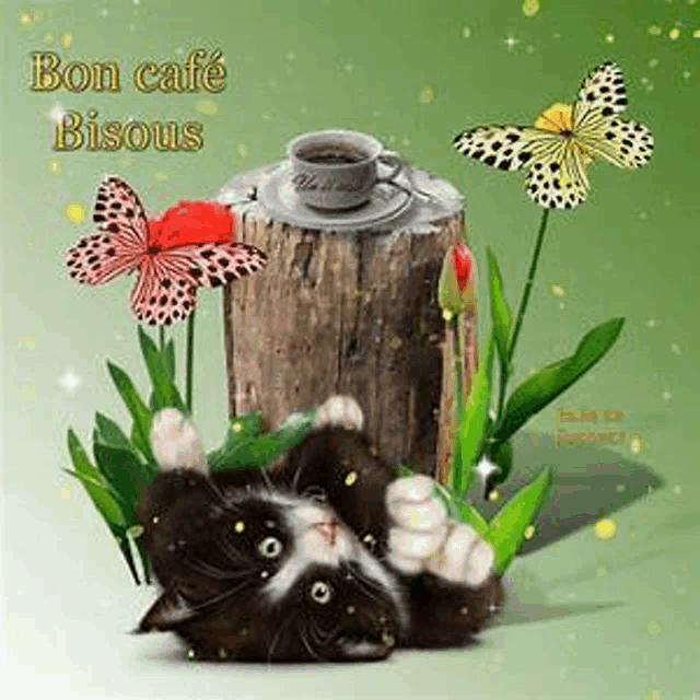 a cat is laying on its back next to a cup of coffee and butterflies .