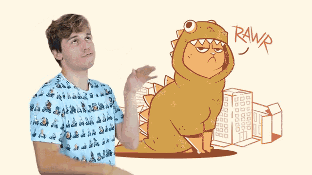 a man standing next to a drawing of a dinosaur with the word rawr written in red