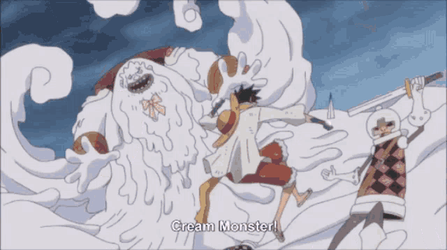 a cartoon of luffy fighting a monster called cream monster
