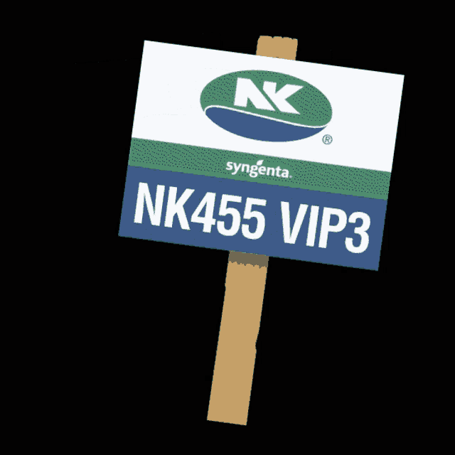 a sign for syngenta nk455 vip3 is attached to a wooden post