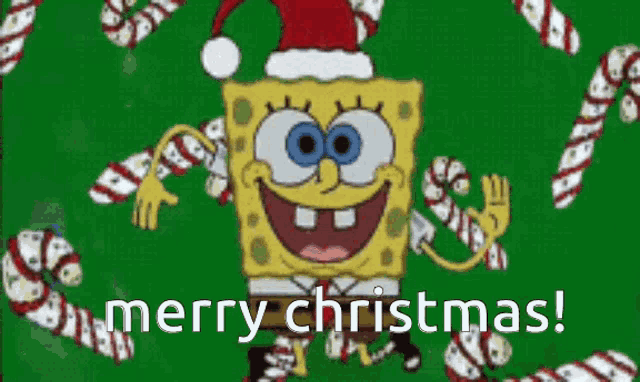 a cartoon of spongebob wearing a santa hat with the words merry christmas written below him