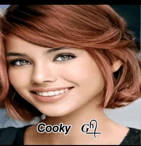 a close up of a woman 's face with the name cooky written on the bottom right