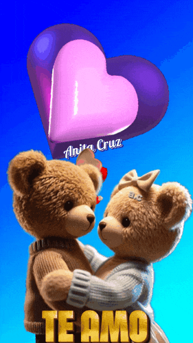 a couple of teddy bears holding a heart shaped balloon that says te amo on the bottom