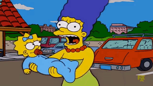 a cartoon of marge simpson holding a baby with a pacifier