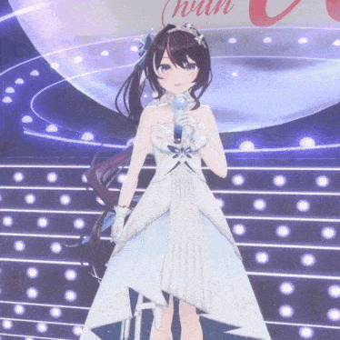 a girl in a white dress is holding a microphone in front of a sign that says hun