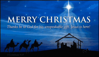 a merry christmas poster with a nativity scene on it