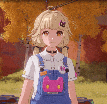 a girl wearing overalls and a pink cat purse has the number 06 on her shirt