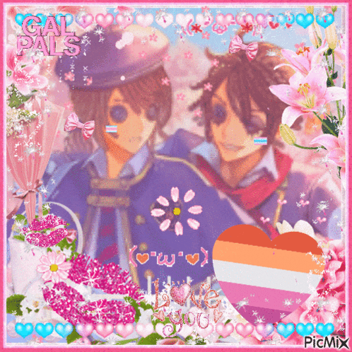 a picture of two anime characters surrounded by flowers and hearts with the words " gal pals " on the bottom right