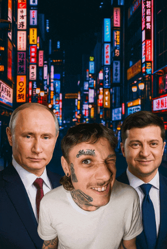 a man with a tattoo on his face is standing next to two men