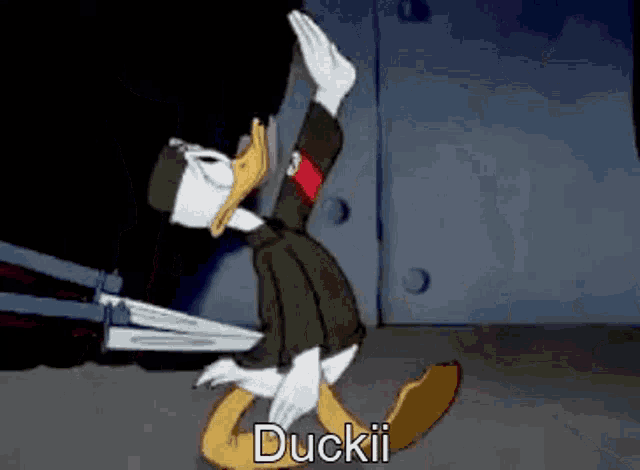 donald duck is wearing a military uniform and giving a high five in a cartoon .