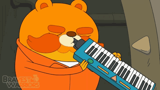 a cartoon of a bear playing a keyboard with the words bravest warriors written on the bottom