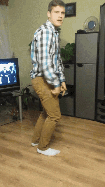 a man in a plaid shirt is standing in front of a television