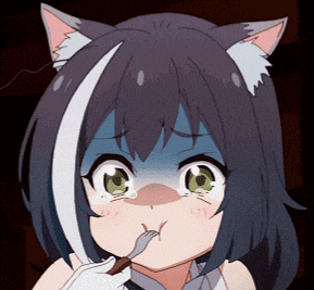 a girl with cat ears is holding a knife and fork