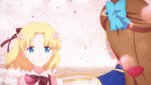 two anime girls standing next to each other with petals falling around them