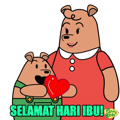 a cartoon of a mother bear holding a baby bear and the words " selamat hari ibu "