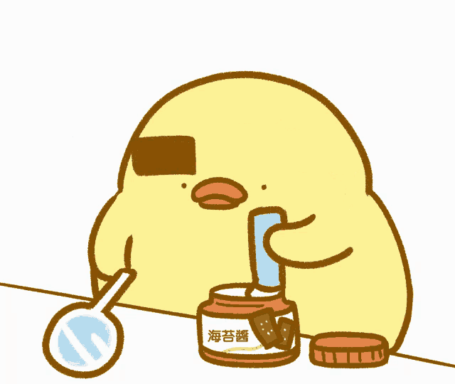 a cartoon of a duck holding a mirror and a jar of sauce