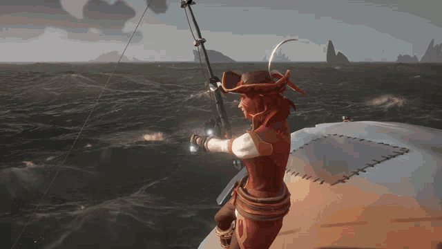 a woman in a pirate outfit holds a fishing rod in the ocean