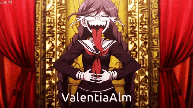 a picture of a girl with a long tongue and the name valentia alm on the bottom