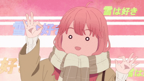a girl with pink hair is wearing a scarf and giving an okay sign