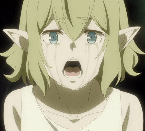 a girl with elf ears is crying with her mouth wide open