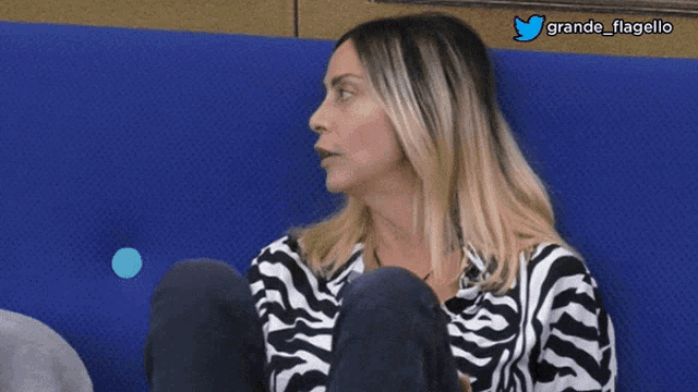 a woman in a zebra print shirt sits on a blue couch with grande flagello written below her