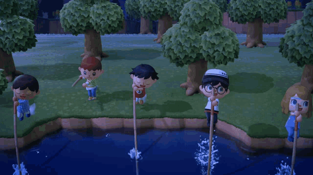 a group of cartoon characters are standing on poles in a lake