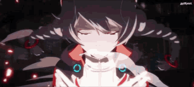 a close up of a anime girl with her eyes closed and a red jacket .