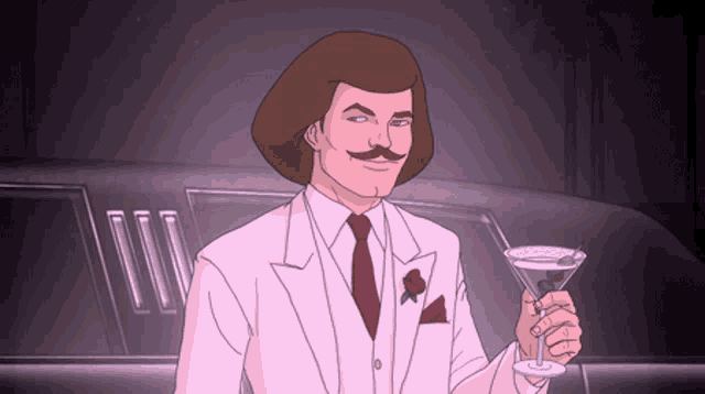 a man holding a martini in front of a limousine