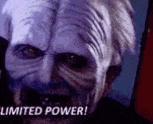 a close up of a man 's face with the words `` limited power '' written on the bottom .