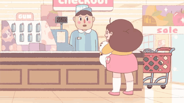 a girl holding a teddy bear stands in front of a checkout counter
