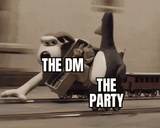 a cartoon dog pulling a train with the words " the dm the party " on the bottom