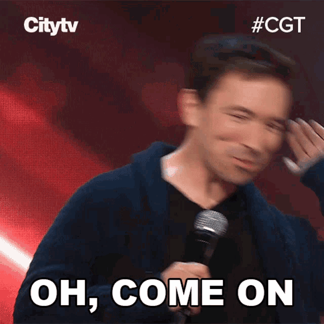 a man is holding a microphone and says " oh come on "