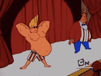 a cartoon character named johnny bravo is standing on a stage