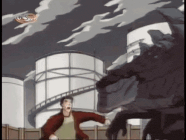 a cartoon of a man running from a monster with the letters ss on the bottom right