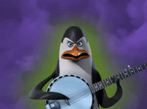 a penguin is playing a banjo with a green background