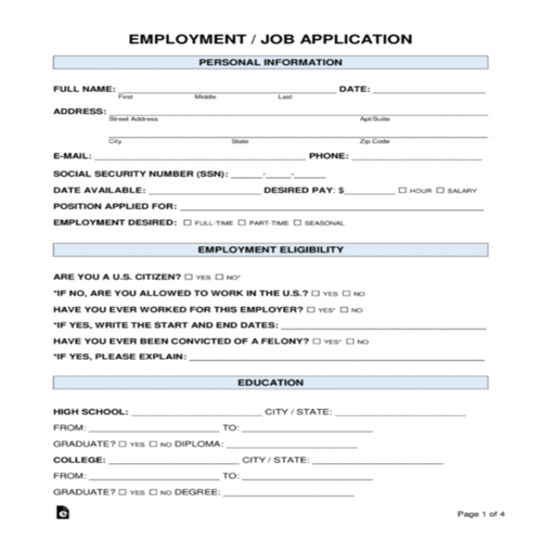 an employment / job application form with a full name address and employment eligibility