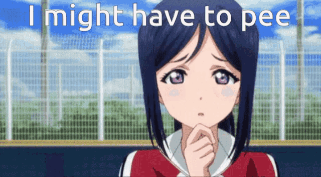 a girl with purple eyes is thinking about peeing .