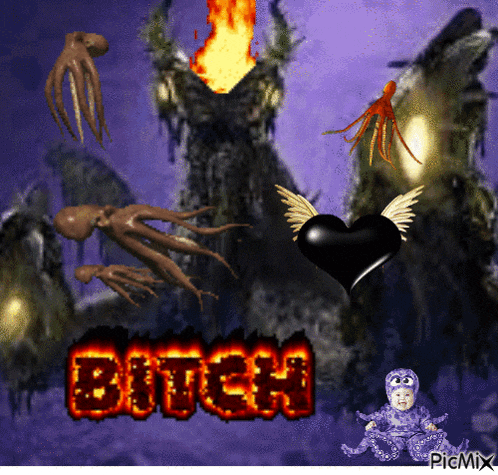 a picture of an octopus with a heart and the word bitch on it