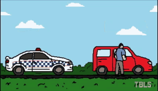 a cartoon shows a police car and a red van