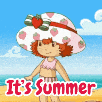 a cartoon of strawberry shortcake standing on a beach with the words it 's summer below her