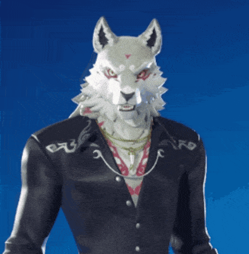 a man with a wolf 's head is wearing a black jacket and gloves