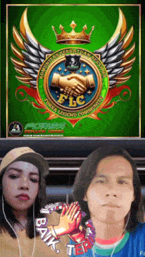 a man and a woman are posing for a picture in front of a logo that says flc