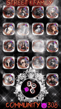 a phone screen with icons for street family community 308